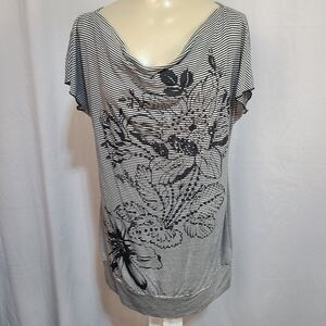 Fashion Bug Small Top Drape Neckline Y2K Top Black And Grey Stripe